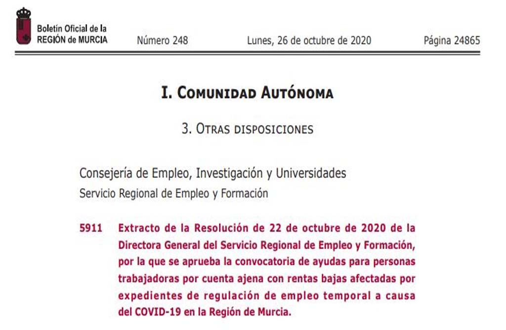Ayudas para personas trabajadoras por cuenta ajena con rentas bajas afectadas por expedientes de regulacin de empleo temporal a causa del COVID-19 